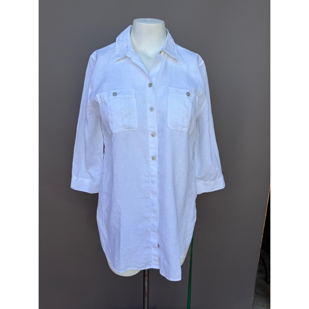 Chicos No Iron 100% Linen Shirt 1 M White 3/4 Sleeve Button Down Tunic Blouse - Picture 2 of 14